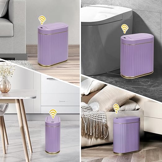 ELPHECO Bathroom Trash Can with Lid Butterfly, Motion Sensor Trash Can Bathroom Decor Automatic Garbage Can Wastebasket Bathroom Accessories, Kitchen, Living Room, Office, Purple Gold