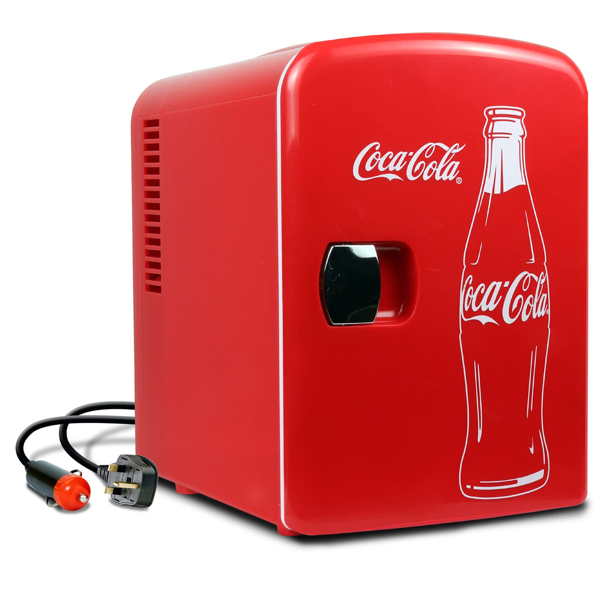 Coca-Cola Classic Coke Bottle 4L Mini Fridge w/ 12V DC and 110V AC Cords, 6 Can Portable Cooler, Personal Travel Refrigerator for Snacks Lunch Drinks Cosmetics, Desk Home Office Dorm, Red