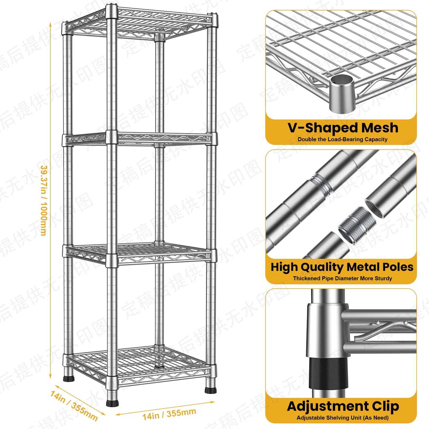 14" Metal Wire Shelving Unit Storage Shelves 4 Tier Adjustable Shelf Sturdy Steel Rack Standing Units Organizers organize for Laundry Bathroom Kitchen Closet Basement Garage Pantry Narrow Mesh Utility