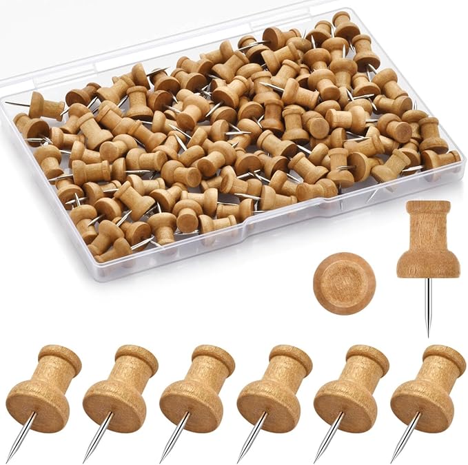 100Pcs Wood Push Pins, Thumb Tacks for Decorative, Wooden Pins and Tacks, Cork Board Thumbtacks, Cute Thumbtack for Wall and Bulletin Board, Map Pins