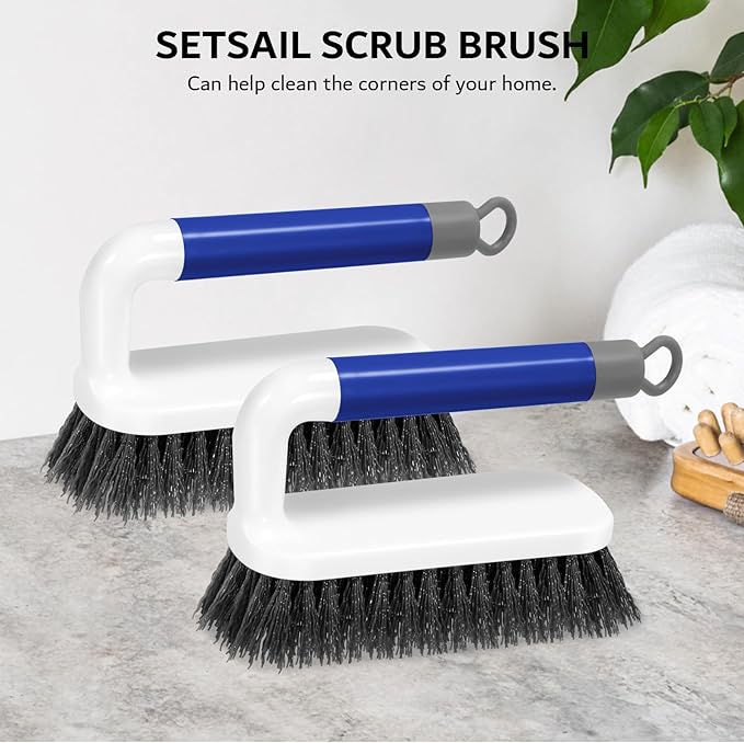 SetSail Scrub Brush, Small Cleaning Brushes with Handle, Comfort Grip Shower Scrubber for Cleaning Bathroom, Tub, Kitchen, Sink, Floor, Carpet, 2 Pack (Blue)