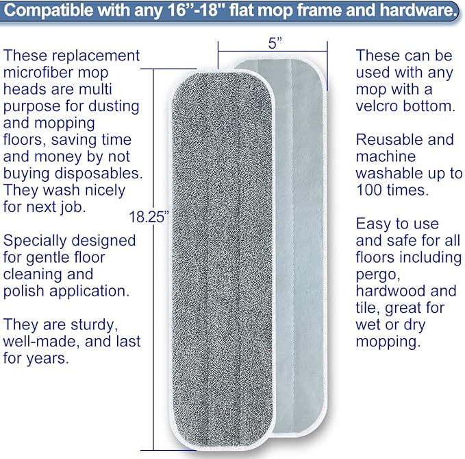 Microfiber Mop Replacement Pads 18 Inch Compatible with Bona Floor Care System, 5 Pack Reusable Wet Dry Floor Cleaning and Scurbbing Mop Refill Fits 16” to 18” Flat Reveal Mop Heads
