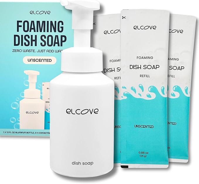 Eco Friendly Foaming Dish Soap Starter Set, Reusable Aluminum Soap Dispenser, 3 Zero Waste, Non Toxic, Concentrated Powder Refills Make 3x12oz (36 oz Total) of Foaming Dish Detergent (Unscented)