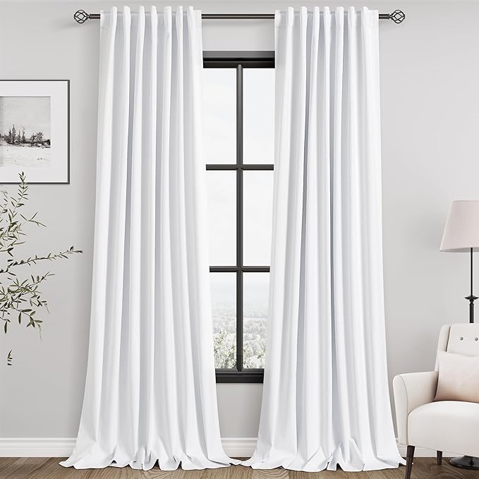 Full Black Out White Window Curtains, 102 Inches Long 2 Panels Set for Living Room Cotton Textured Long Blackout Curtains With Backing Thermal Insulated Drapes for Winter Nursery Bedroom Pure White