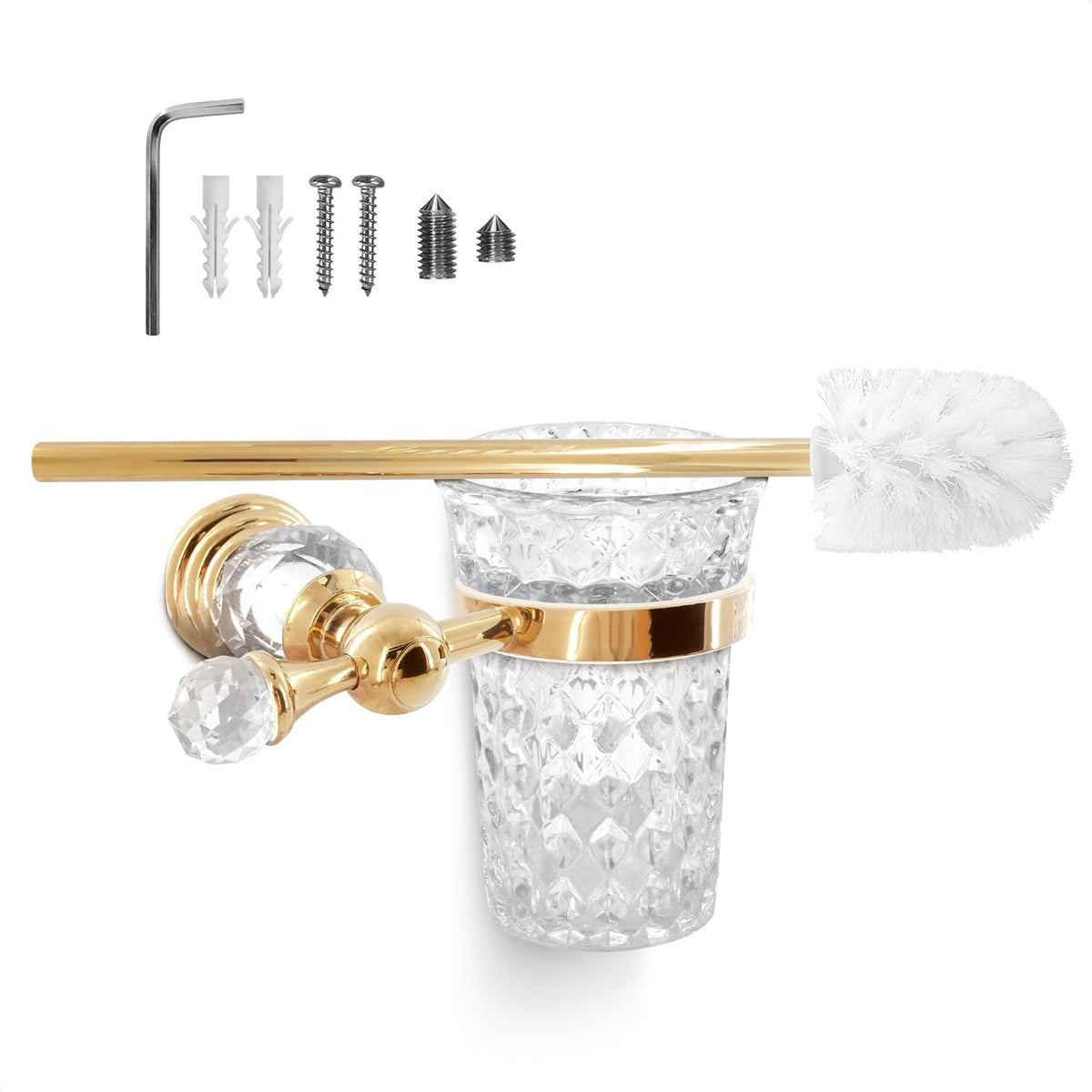 Gold Stainless Steel Toilet Brush with Crystal Toilet Brush Holder Set â Wall Mounted Holder, Replaceable Head, Decorative Space-Saving Design Bathroom Toilet Accessory Elegant Toilet Bowl Cleaner Set