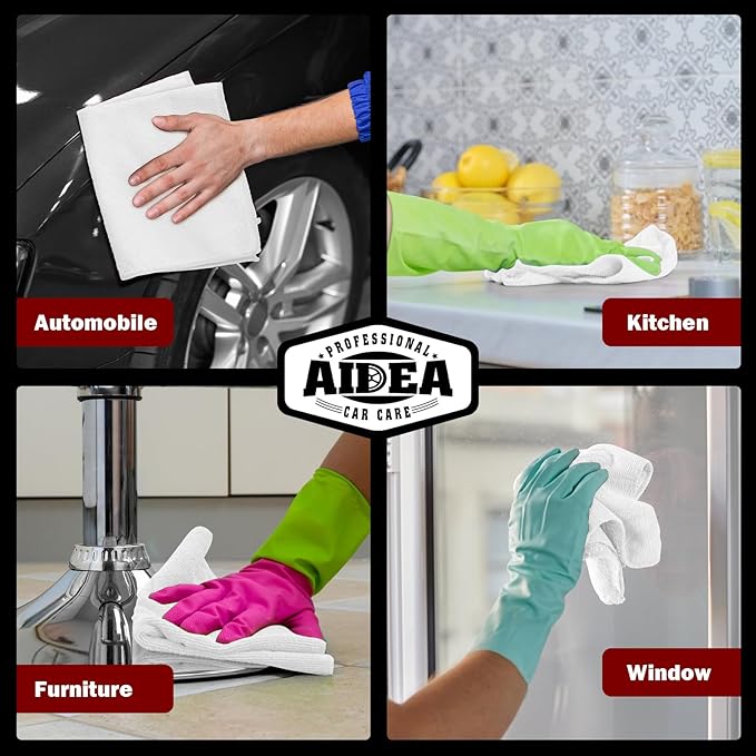 AIDEA Microfiber Cleaning Cloth White 150PK, Microfiber Towels for Cars, Premium Car Cloth, Dusting Cloths Lint Free Cleaning Rags for SUVs, House, Kitchen, Window, Workshops,12×12"