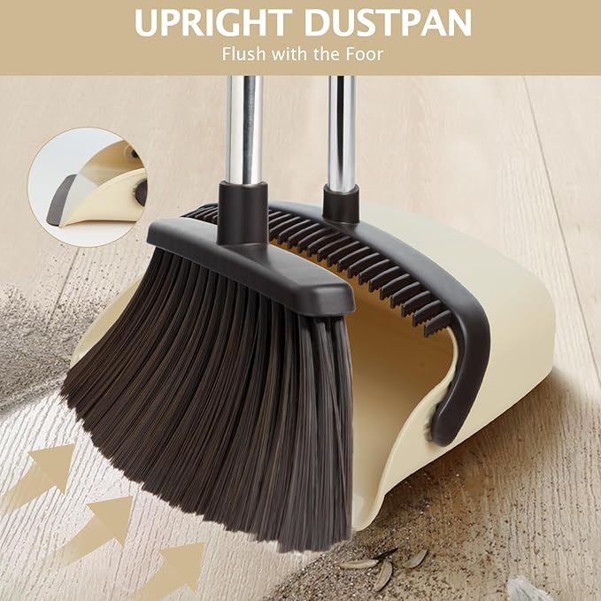 Broom and Dustpan Set with Long Handle, Heavy Dust Broom and Dustpan Combo for Home，Kitchen, Office, Pet Hair(Beige)