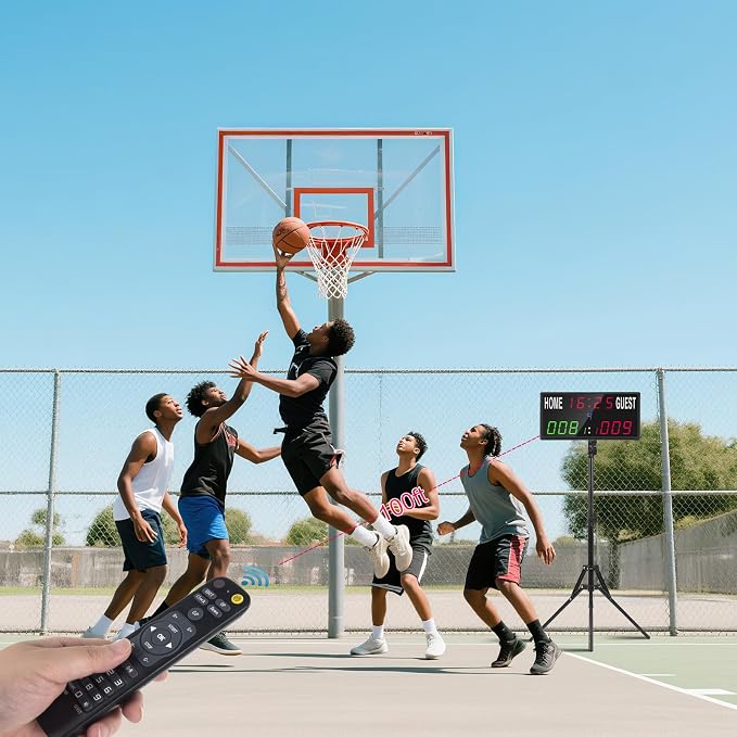 Samshow 2025 LED Electronic Scoreboard Digital Score Keeper with Remote & Tripod, Basketball Scoreboard with Shot Clock & Timer & 12/24h Real Time for Outdoor Yard Games/Corn Hole/ping Pong/Pickleball