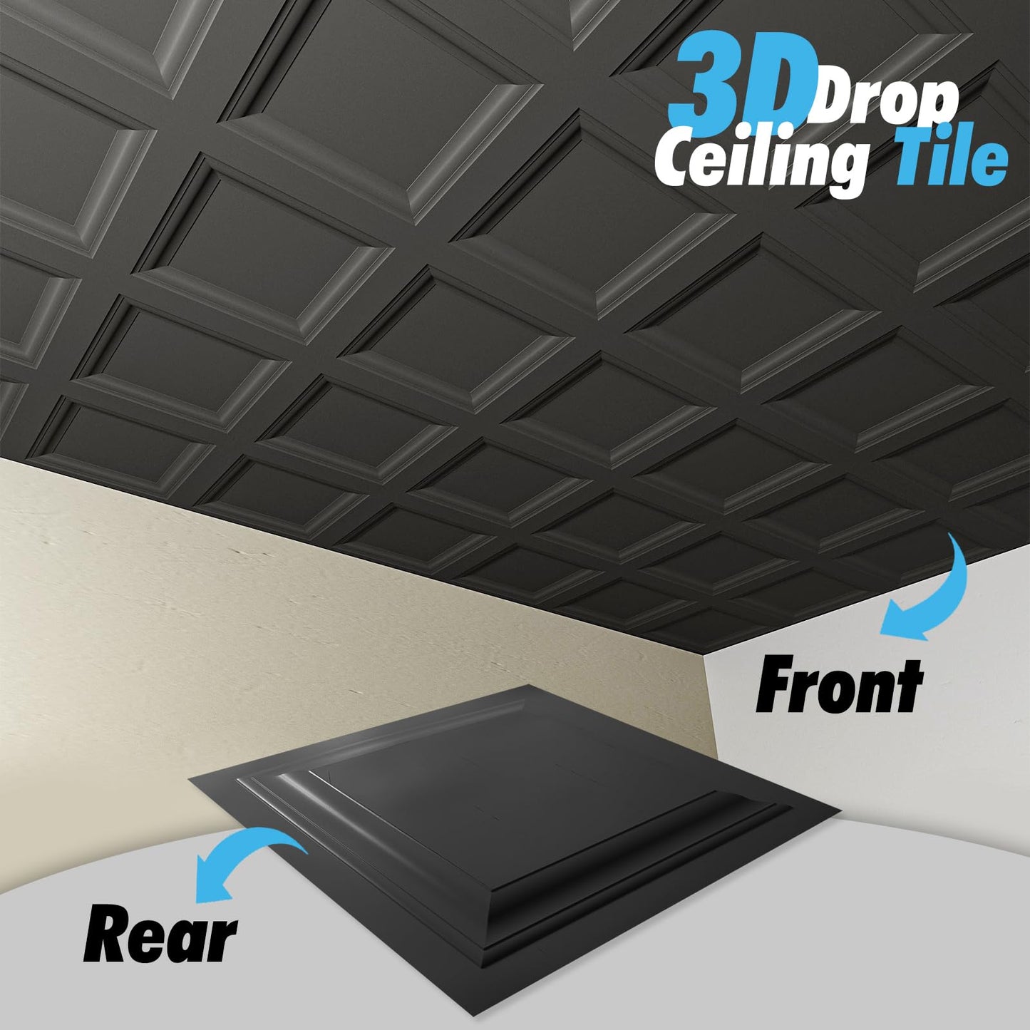 Art3d 12-Pack Square Black Drop Ceiling Tile 2ft x 2ft, PVC Ceiling Panel 24 x 24in.