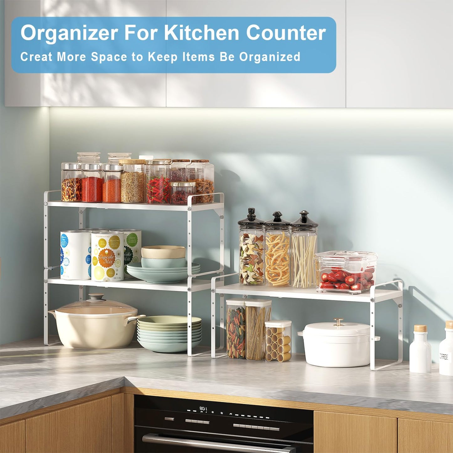 15.5 to 25.5 Inch Expandable Kitchen Cabinet Organizer Shelf, 30 LBS Heavy Duty Stackable Kitchen Counter Storage Shelves Organizers, 2 Pack Adjustable Small Storage Shelf Rack For Cabinet Cupboard