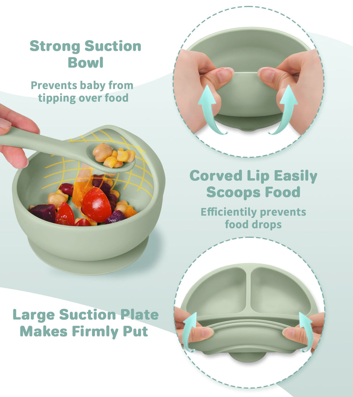 Silicone Baby Feeding Set, 10 Pcs Baby Led Weaning Supplies Baby Eating Essentials Set with Suction Bowl Divided Plate Adjustable Bib Soft Spoon Fork Cup with Lid Drinking Cup, Travel Bag (Green)