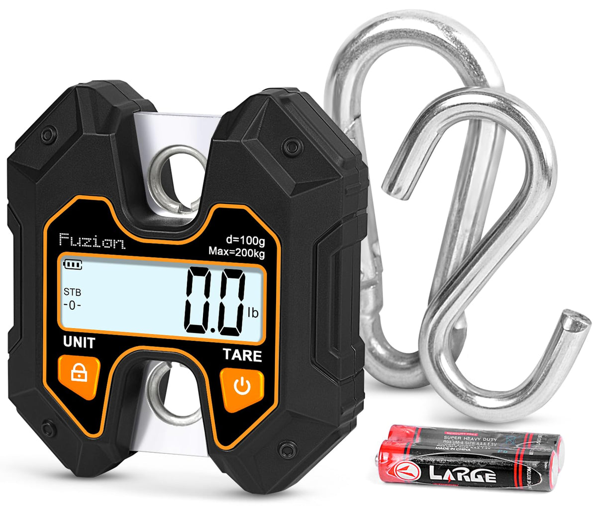 Fuzion Mini Crane Scale - Hanging Scale 440lb/200kg/1960N, Deer Scale with Large LCD Display, Hold & Tare Functions for Hunting, Farms, Fishing, No Setup Required