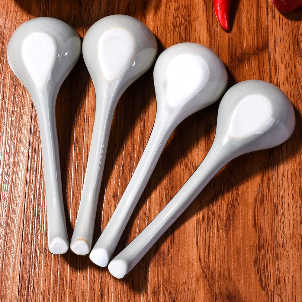 Set of 4 Japanese Ceramic Soup Spoons with Different Patterns Porcelain Rice Spoons with Long Handle Suitable for Rice Porridge Cereal Wonton Tong Sui Pho Udon and Ramen