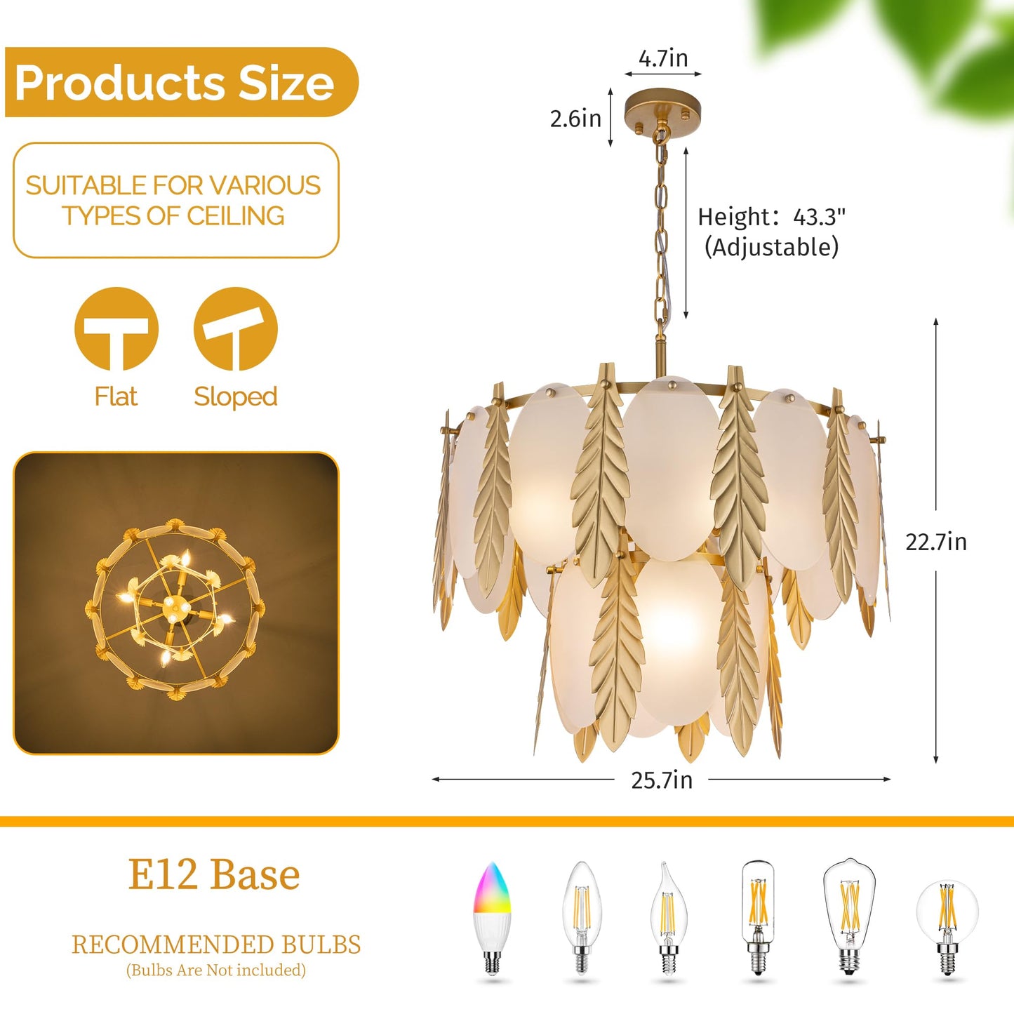 Wellmet Gold Chandelier, Farmhouse Golden Leaf Pendant Light, 7-Light Modern Lighting Fixture, for Living Room, Bedroom, Dining Room, Foyer, Entryway, Kitchen
