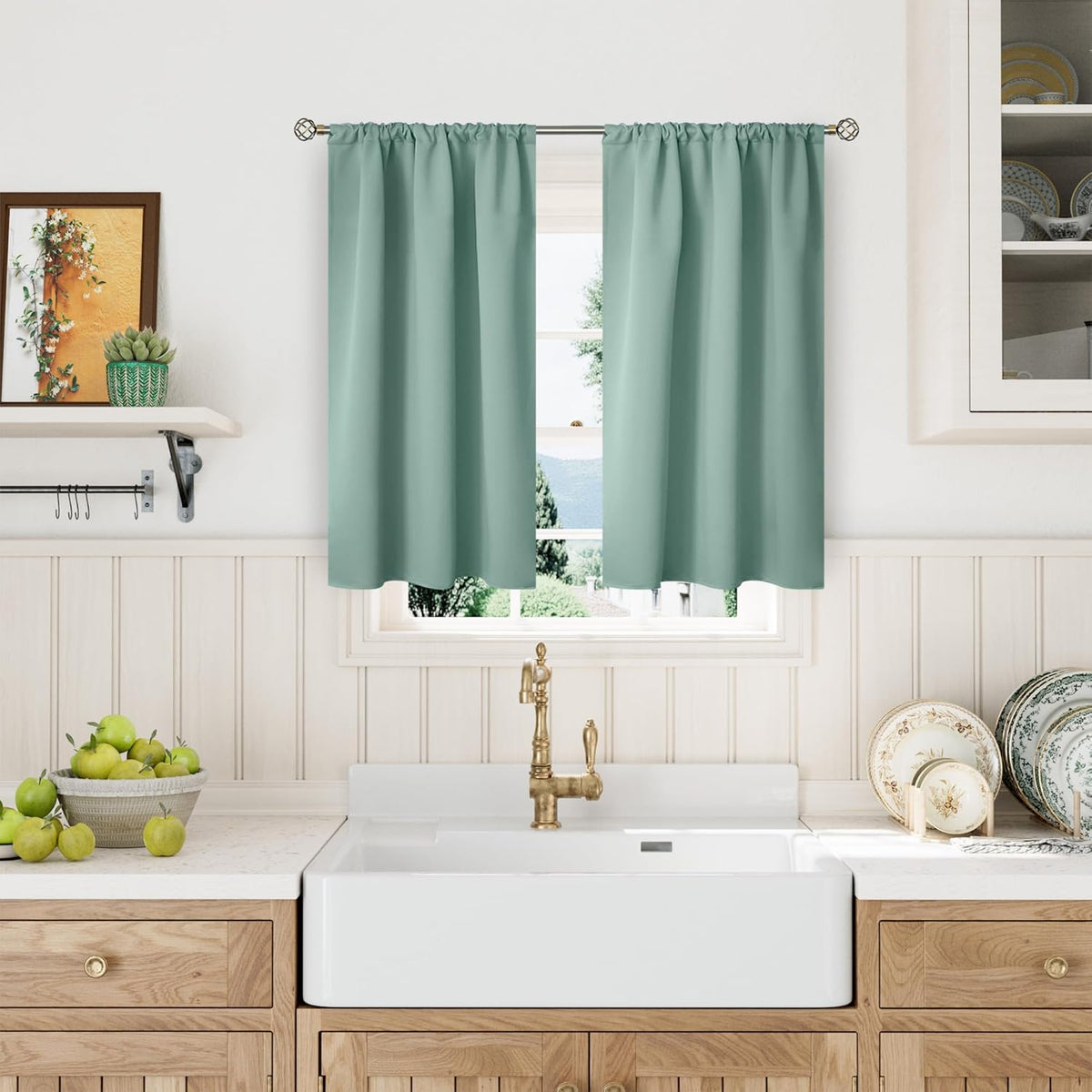 BGment Sage Green Blackout Curtains 45 Inches Long for Kitchen Window - Small Thermal Insulated Drapes with Rod Pocket Room Darkening for Cafe Bathroom, 34 x 45 Inch, 2 Panels