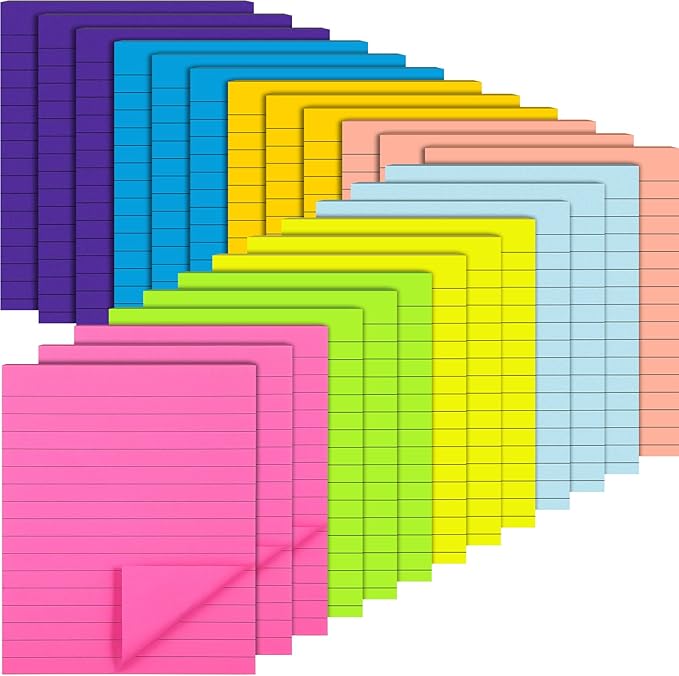 24 Pack Lined Sticky Notes 4 x 6 Inch Colorful Sticky Note Pads with Lines Bright Ruled Self Sticky Notes Memo Pad for Office Home Supplies, 50 Sheets per Pad, 1200 Sheets, 8 Colors
