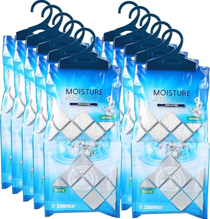 Hanging Moisture Absorber Fresh Cotton 10.6 oz/300g | Moisture Absorbing Bags for Bathroom, Closet, Kitchen & Vehicles | Removes Moisture, Humidity & Odors | Portable Dehumidifier | Set Of 10