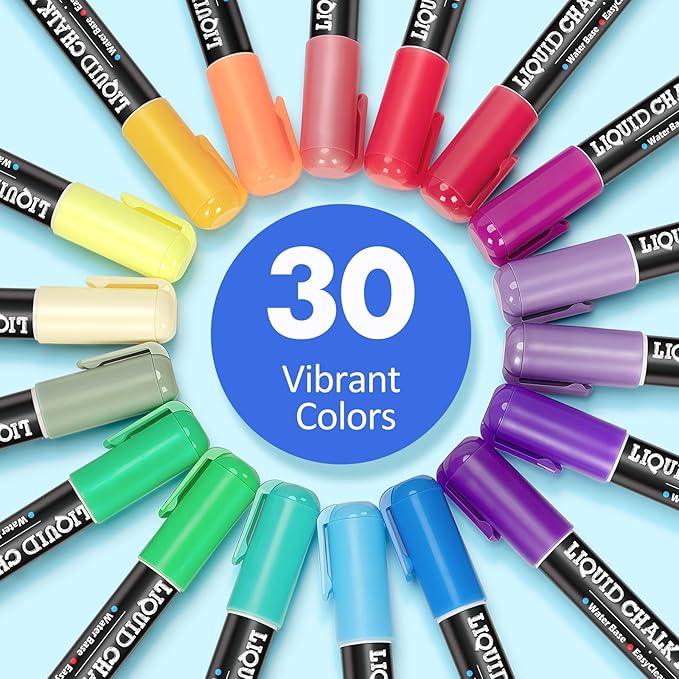 BainGesk 30 Colors Liquid Chalk Markers, Dust-Free Erasable Pens for Blackboards, Chalk Markers for Chalkboard, Windows, Glass, Mirror, Acrylic Dry Erase Board, 6mm Reversible Bullet & Chisel Tip