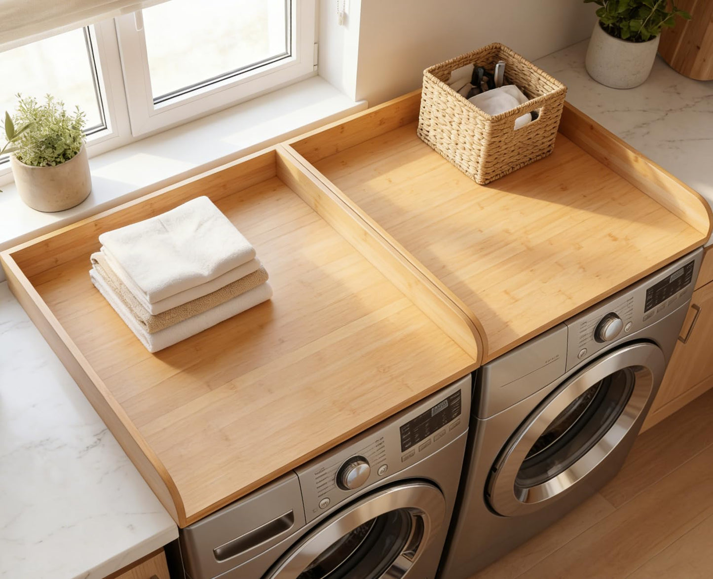 UTCG Washer Dryer Countertop Wooden: Washer and Dryer Shelf Top Cover 27.5x54 Inch No-Installation Countertop Set of 2 - Generation Farmhouse Homeowners & Laundry Room Organization - Bamboo