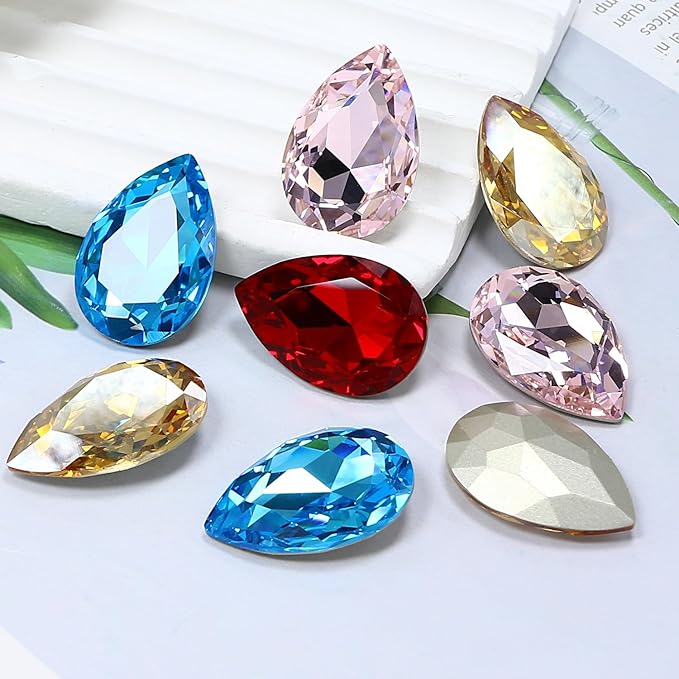 8Pcs Teardrop Crystal Pointback Rhinestones,30 * 20mm Large Glass Rhinestones Gem Stones for Crafts Dress Shoes Jewelry Making，Lake Blue