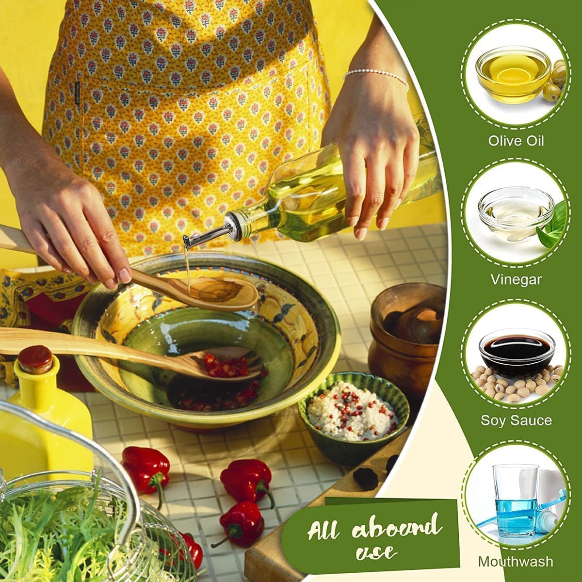 Showvigor Olive Oil Dispenser Bottle, Oil and Vinegar Cruet Bottle 17oz/500 ml, Square Tall Glass Oil Container with 2 Stainless Steel Pourers, 2 Labels,1 Brush and 1 Funnel Oil Bottles for Kitchen