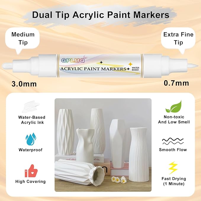 Paint Markers Paint Pens - 2 Pack Dual Tip Acrylic Permanent Marker (0.7mm & 3mm), Non-Toxic, Water-Based for Art Painting, Stone, Ceramic, Glass, Wood, Fabric, Metal, DIY Crafts (White)