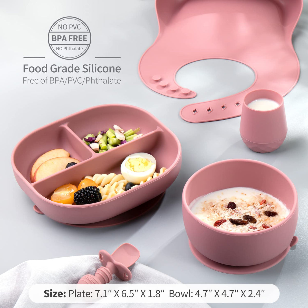 SAMiGO Silicone Baby Feeding Set, Baby Led Weaning Supplies, Suction Bowl Plate Bib Cup Self Feeding Spoons, Solid Food Eating Essentials, First Stage Utensils, 6+ Months