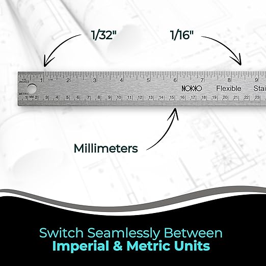 NOKKO 18 Inch Metal Ruler with Cork Backing, Pack of 10 - Flexible Stainless Steel Straight Edge Ruler with Inches and Centimeters, Non-Slip Backing for Precision and Stability
