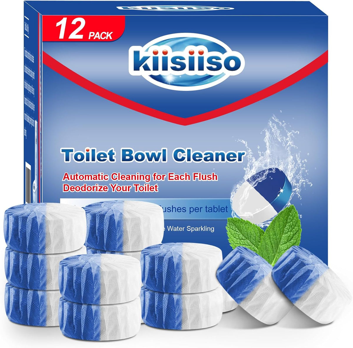 KIISIISO Toilet Bowl Cleaner Tablets, 12 PACK Commercial Household Bathroom Cleaners, Automatic Toilet Tank Cleaners Deodorizers(Blue and White)