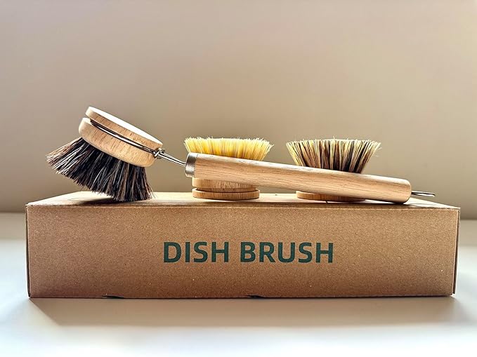 Bamboo Dish Brush with Handle, 1 Sturdy Wooden Handle with 3 Natural Bristle Heads, Horsehair, Sisal, Palm - All Purpose Kitchen Scrubber, Bamboo Wok Brush, Fruit and Veggie Scrubber