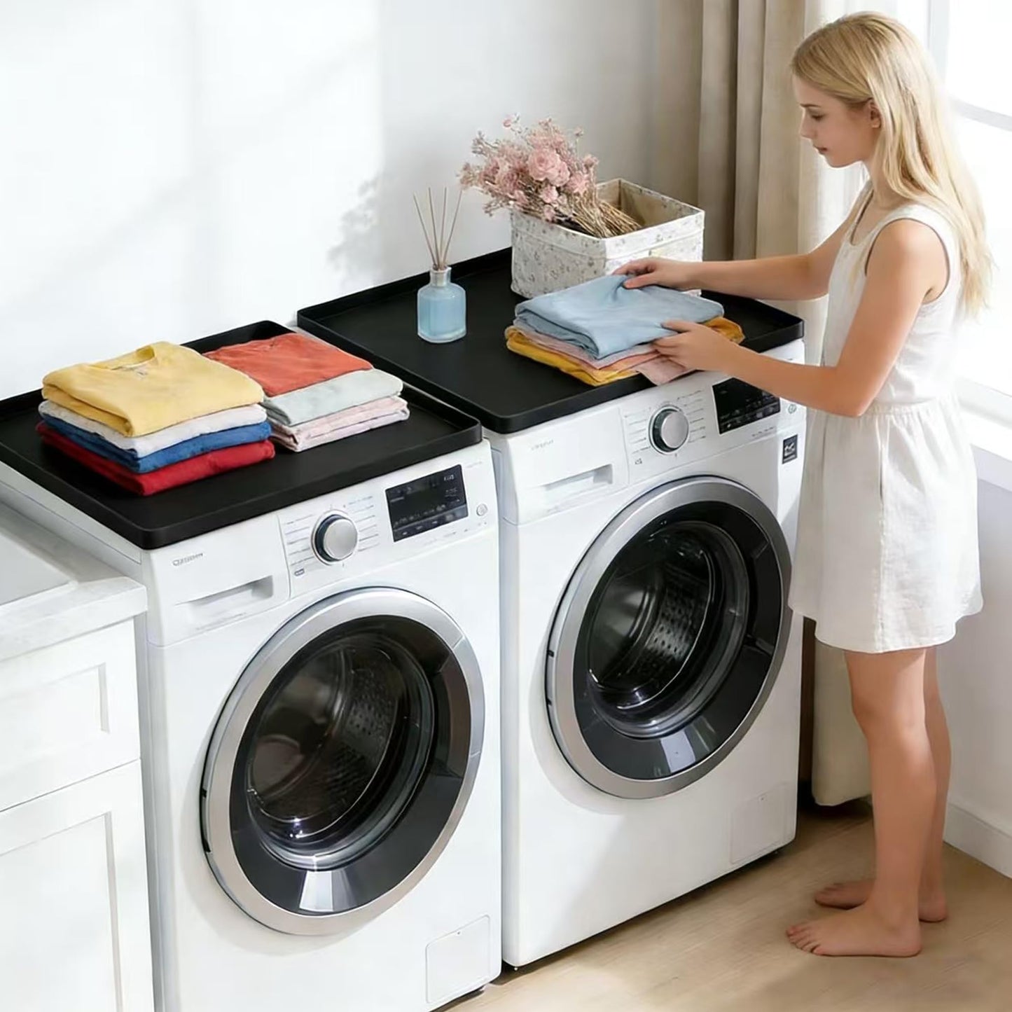 2-Pack Washer Dryer Top Protector Mat 23.6"x19.7" Anti-Vibration Anti-Slip Washing Machine Cover, Raised Edge Waterproof Pad, Shock-Absorbing Silicone Mat for Laundry Basket & Detergent Organizer