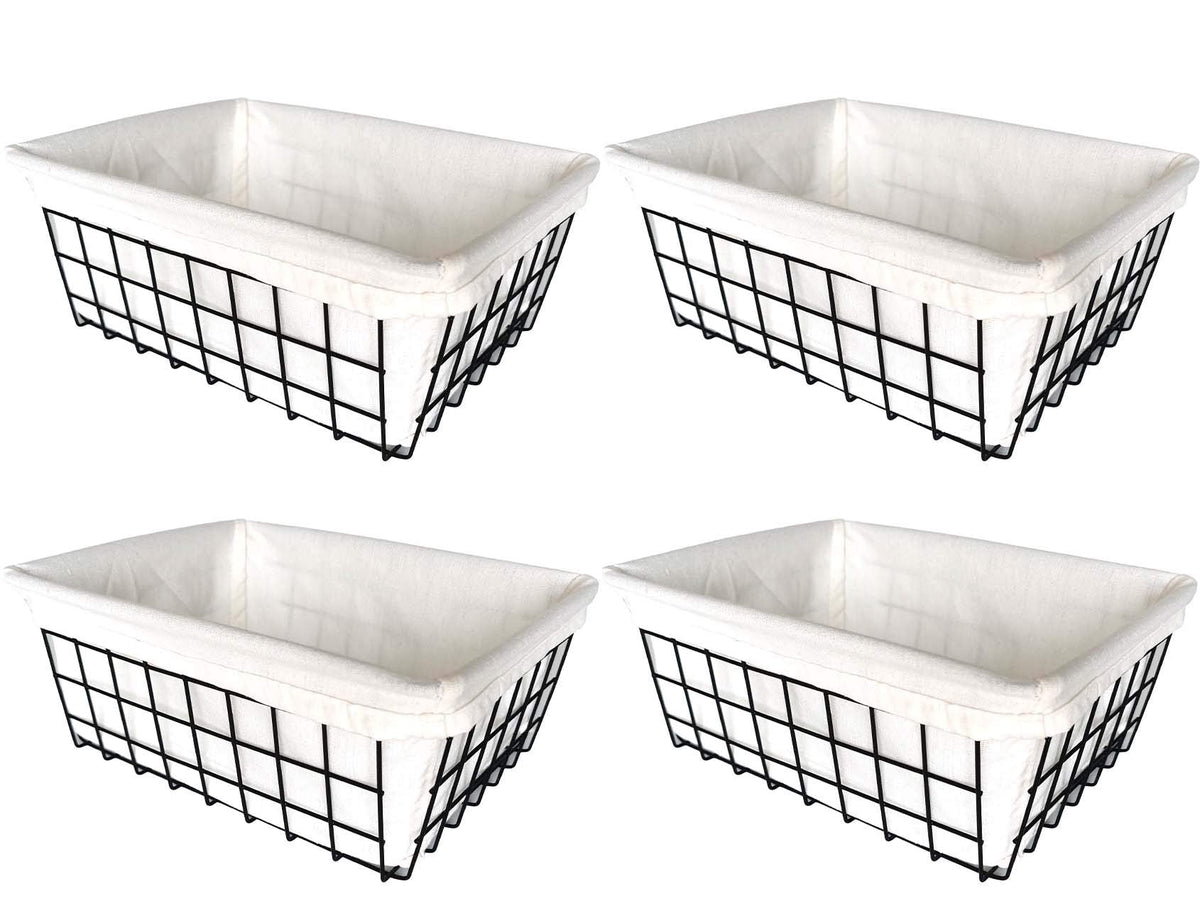 Wire Storage Baskets, 4 Pack Metal Household Organizer with 4 Pcs Fabric Liners, Refrigerator Bin with Handles, for Pantry, Shelf, Freezer, Kitchen Cabinet, Bathroom, Countertop, Closets (Black)