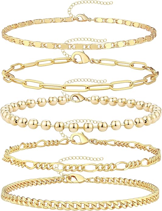 Gold Bracelets Set for Women Non Tarnish Trendy,14K Gold Plated Dainty Stackable Paperclip Cuban Link Chain Bracelets, Simple Cute Cuff Bracelets Jewelry Set Adjustable 7"+2"
