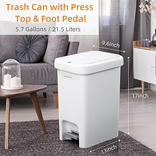 MOPALL Slim Bathroom Trash Can with Lid Soft Close, 21.5L/5.7Gal Bathroom Garbage Can with Press Top Lid & Foot Pedal, Step Trash Bin Wastebasket Waste Bin for Home, Kitchen, Garage, Apartment, Office