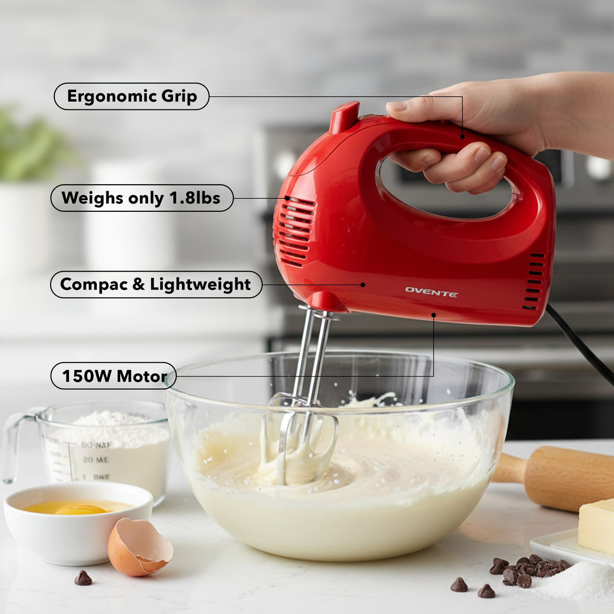 OVENTE 5-Speed Corded Electric Hand Mixer with Stainless Steel Whisks, Compact Portable Design with Snap-On Storage Case,150W Lightweight Handheld Mixer for Baking & Cooking, Red HM151R
