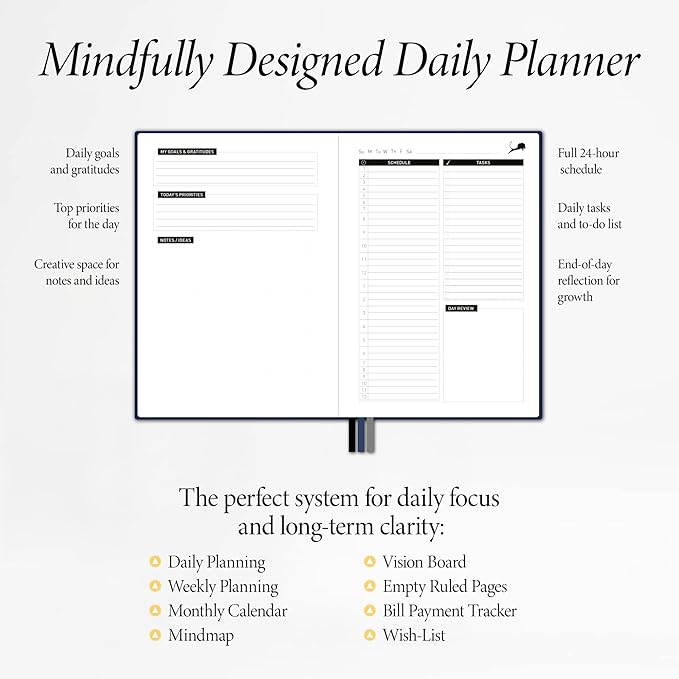 Undated Day Planner & Calendar – 6-Month Life Organizer for Productivity, Time-Management & Focus | 24-Hour Hourly Agenda for Men & Women, Vegan Leather Hardcover (Blue)