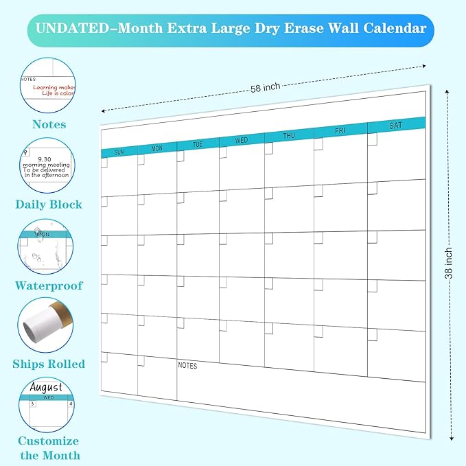 Dry Erase Calendar for Wall - 38" x 58" Extra Large White Board Calendar, One Month Undated Blank Daily Planner, Reusable Laminated 30-Day Task Organizer for Office, Classroom, Home(No Creases)