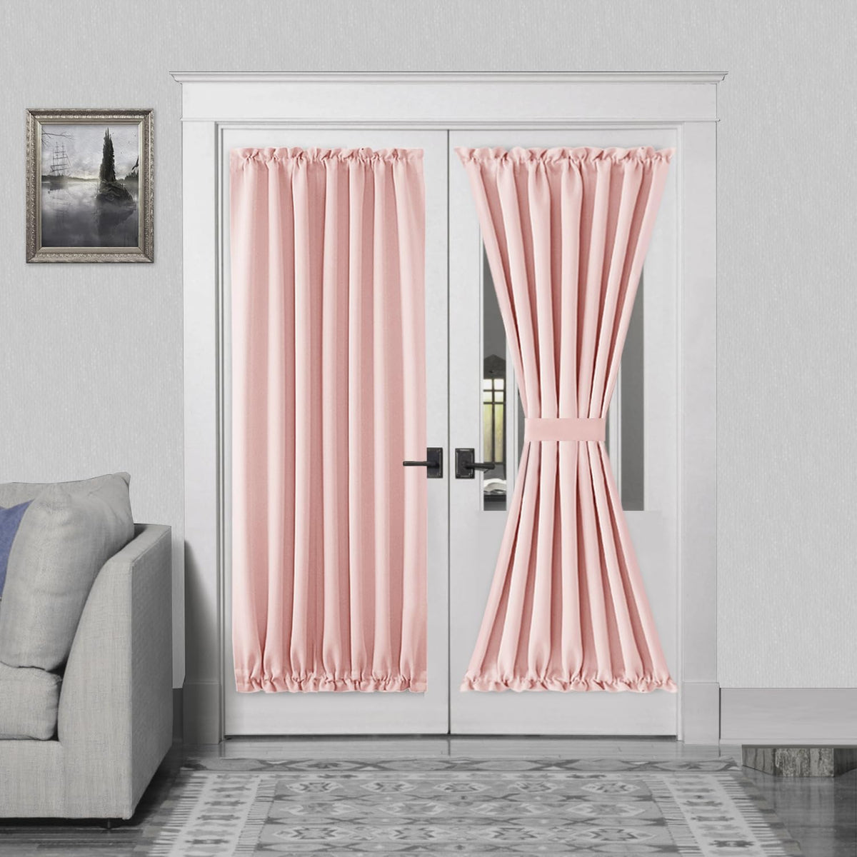 DWCN French Door Curtains – Rod Pocket Thermal Blackout Curtain for Doors with Glass Window, Kitchen and Patio Doors for Privacy, 54 X 72 Inches Long, 1 Curtain Panel with Tieback,Blush Pink
