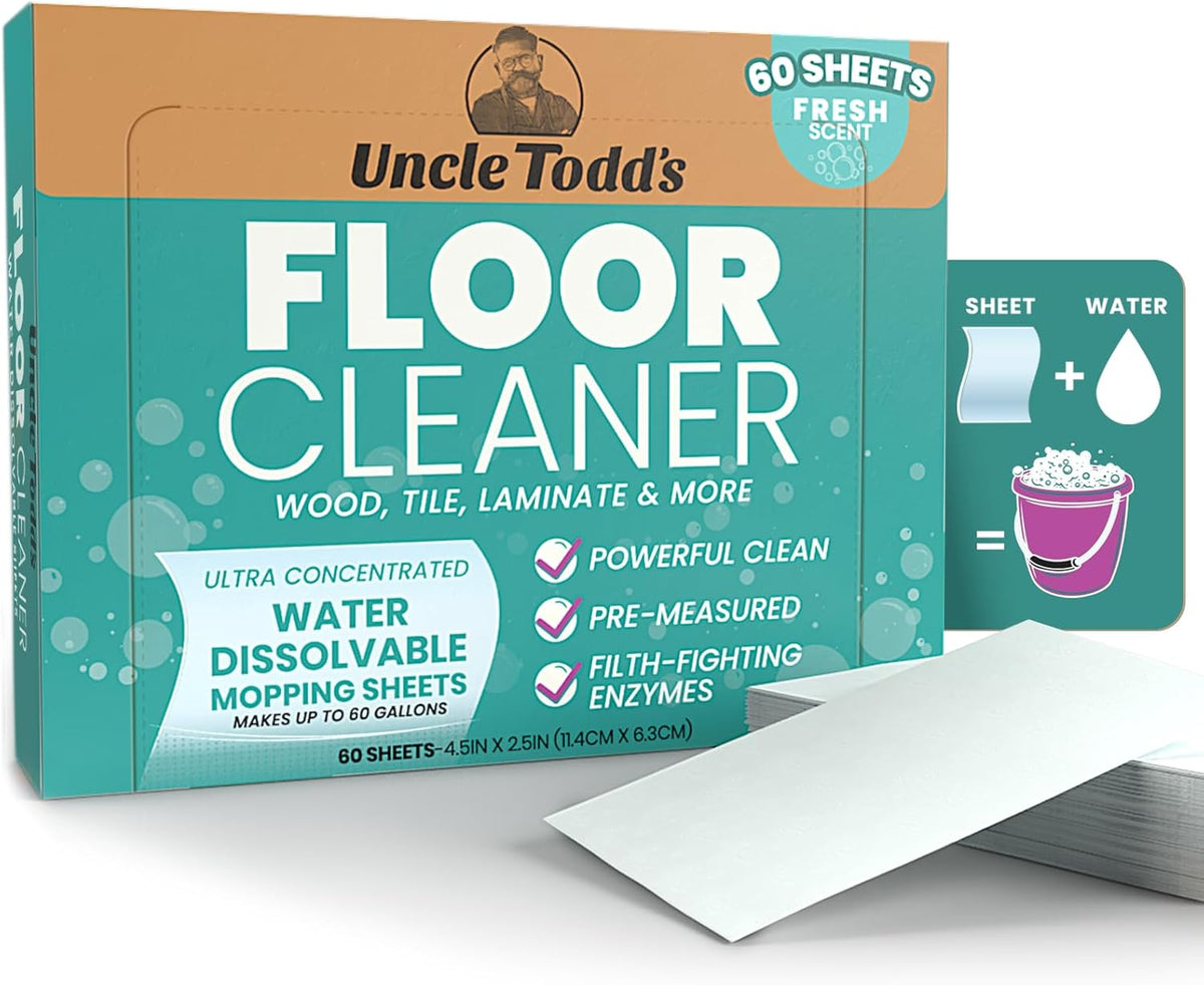 Uncle Todd's Ultra Concentrated Floor Cleaner For Mopping: 60 Natural, 100% Dissolvable Sheets for Mopping â Hardwood & Wood Floor Cleaner with Filth-Fighting Enzymes, Plastic-Free Packaging