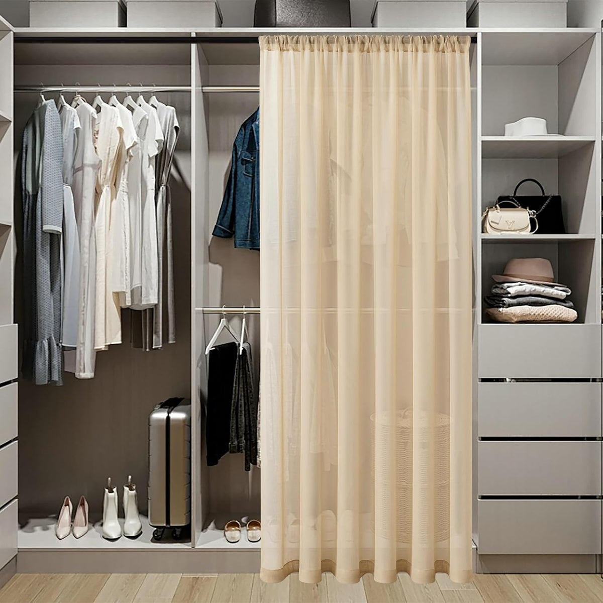 Tollpiz Sheer Door Curtains Closet Linen Textured Curtains Sheer Doorway Light Filtering Voile Rod French Door Pocket Curtain Patio Glass Door, 25 x 72 inches Long, Beige, Set of 1 Panel