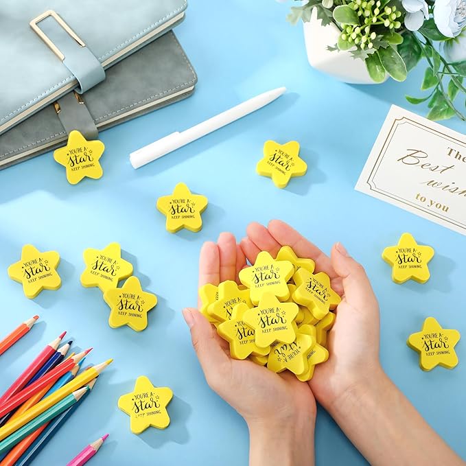 Spakon 50 Pcs Inspirational Star Erasers for Kids Bulk Cute Back to School Erasers 1.57" Fun Eraser for Classroom Prize You're A Star Yellow Motivational Gift for School Student Rewards