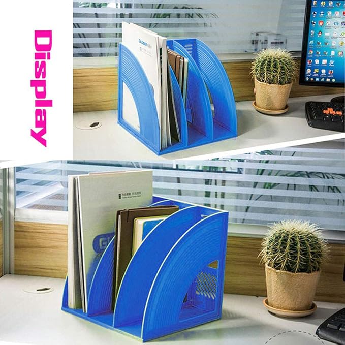 SAYEEC File Holders Folder Magazine Storage Holder Binder Stand 3 Compartment Blue Standing Files Bookshelf Organizer Magazines Divider Black Holds Documents for School Working Students