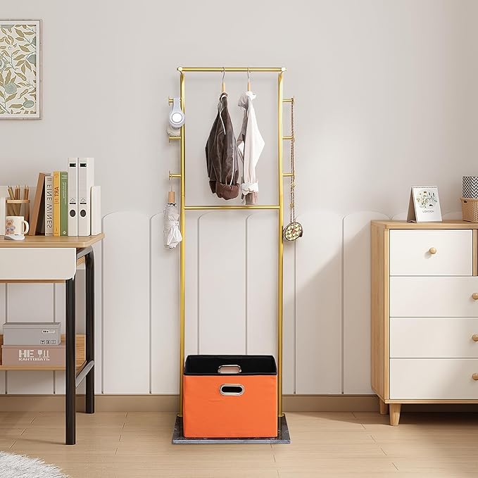 Heavy Duty Coat Rack with Storage Basket Metal Hanging Clothes Rack with Marble Base Modern Standing Clothing Rack for Entryway Bedroom Living Room Hotel 19.69 x 13.39 x 67.72 Inches (Gold)