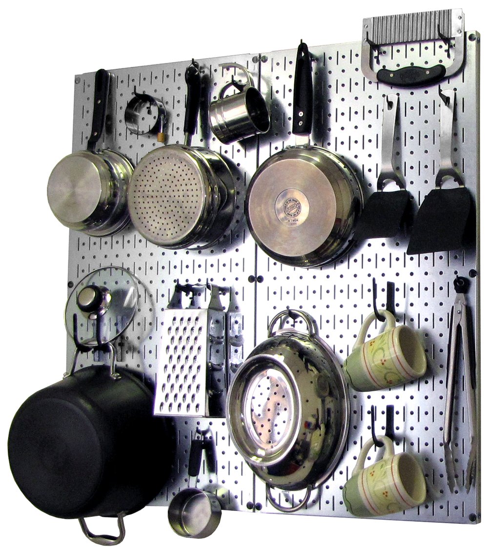 Wall Control Kitchen Pegboard Organizer Pots and Pans Storage Rack Organization Kit with Metallic Silver Pegboard and Black Accessories