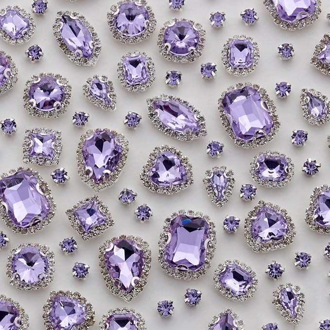 TANOSII Sew on Rhinestones 100 PCS Mixed Shapes Glass Rhinestones Sew on Crystal Gems Mental Flatback with Silver Claw for Jewelry Crafts Clothes Shoes Costume Garment Purple Type 1