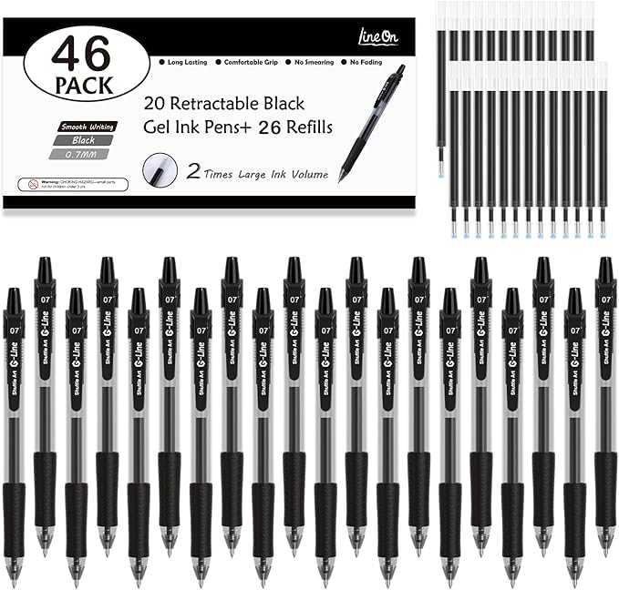 46 Pack Black Gel Ink Pens (20 Gel Pens with 26 Refills) Medium Point Retractable Writing Smooth Writing with Comfortable Grip for Office School