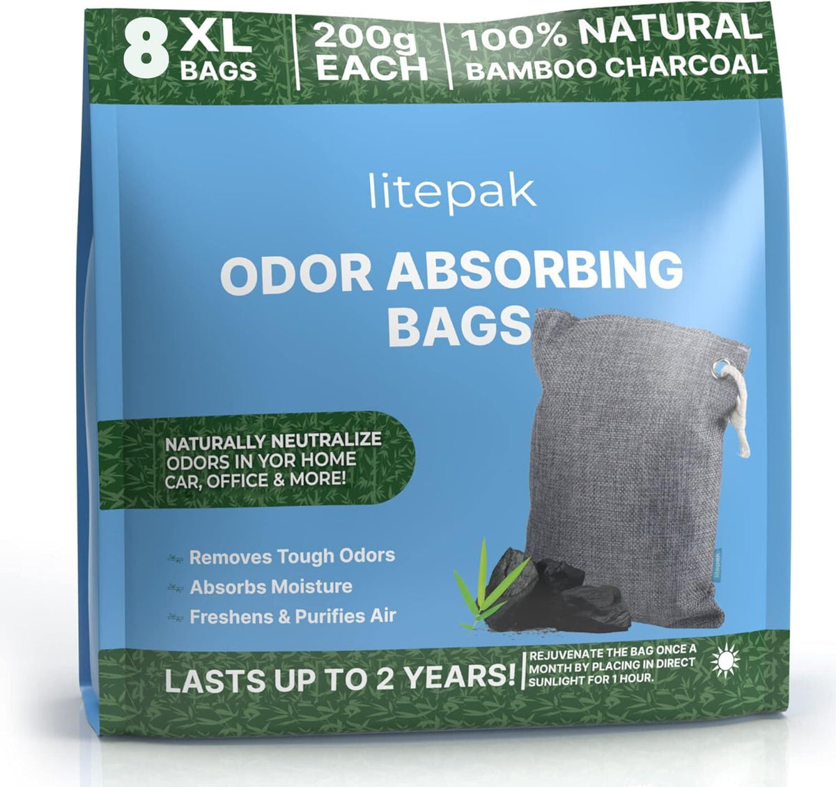 Litepak Activated Charcoal Bags Odor Absorber, (8 Pack, Large), Bamboo Charcoal, Natural Car Air Purifier, Closet Deodorizer, and Odor Eliminator For Home (8x200g)
