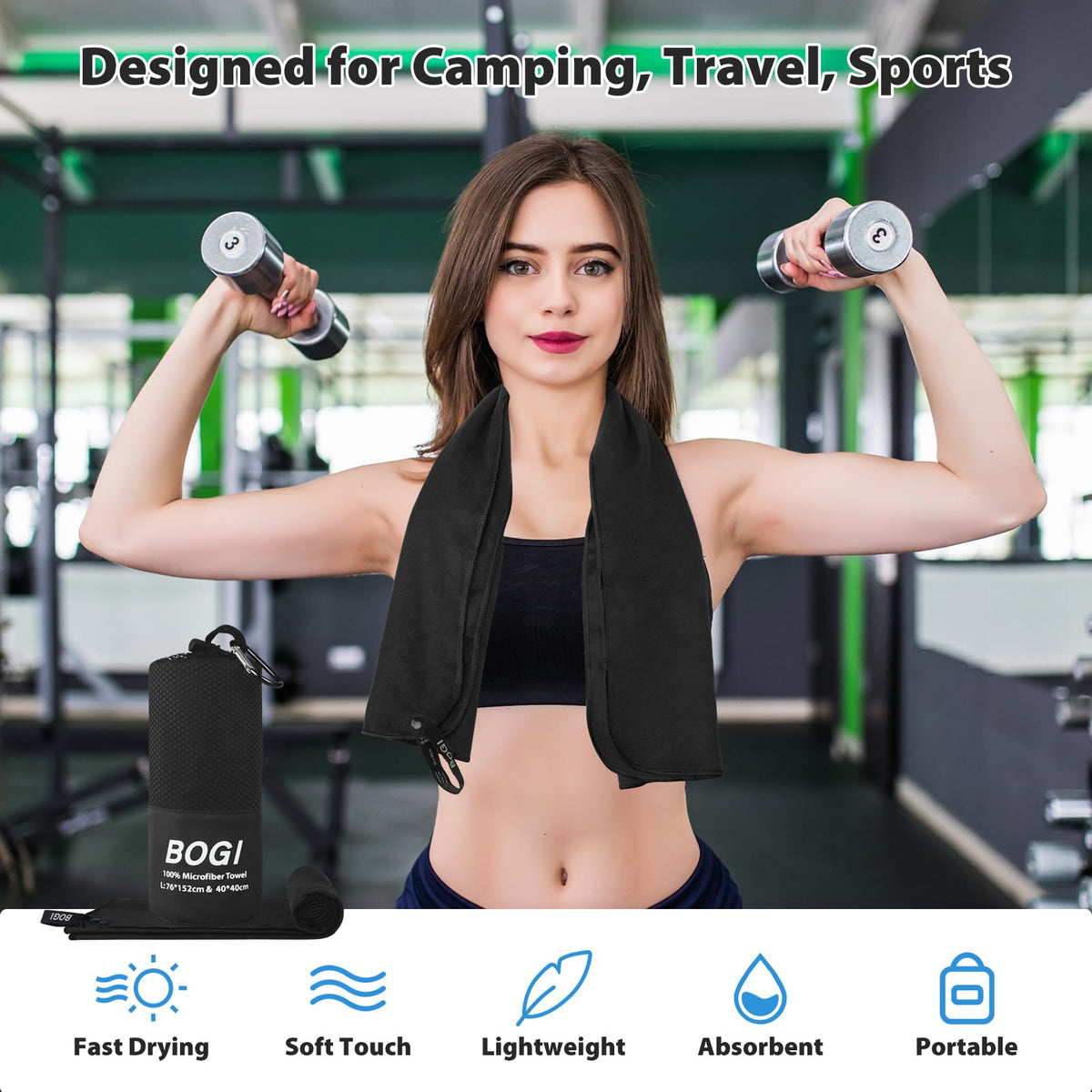 BOGI Microfiber Travel Sports Towel-Quick Dry Towel, Soft Lightweight Microfiber Camping Towel Absorbent Compact for Camping Gym Yoga Swimming Backpacking (L:60''x30''+16''x16''-Black)
