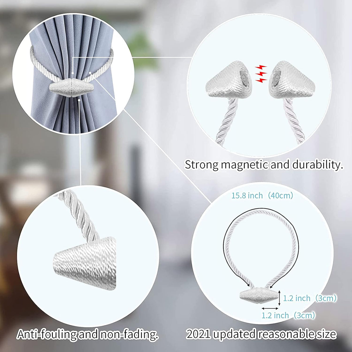 Hion Magnetic Curtain Tiebacks White 2pcs, Curtain Tiebacks Buckles Holdbacks Holders Hooks Clip for Home Bedroom Office Decorative Curtain