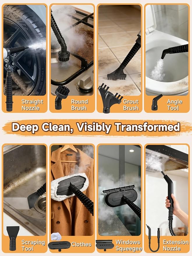 Killrose Handheld Steam Cleaner, Pressurized Steam Cleaner with 10–15s Fast Heat, Dual Power Modes & Self-Clean, Multi-Surface Steamer with 12 Accessories for Kitchen, Bathroom, Car